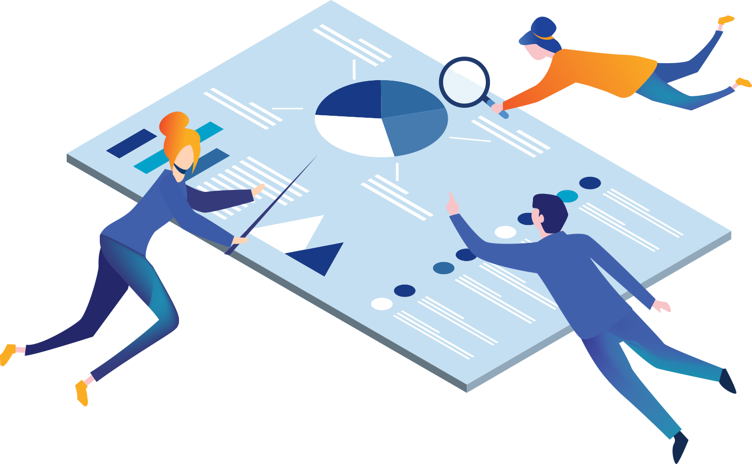Illustration of people looking at a pie graph