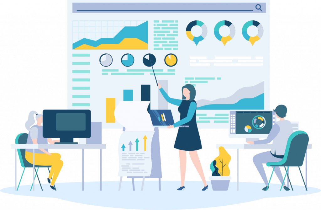 Illustration of a woman pointing to data in a digital screen.