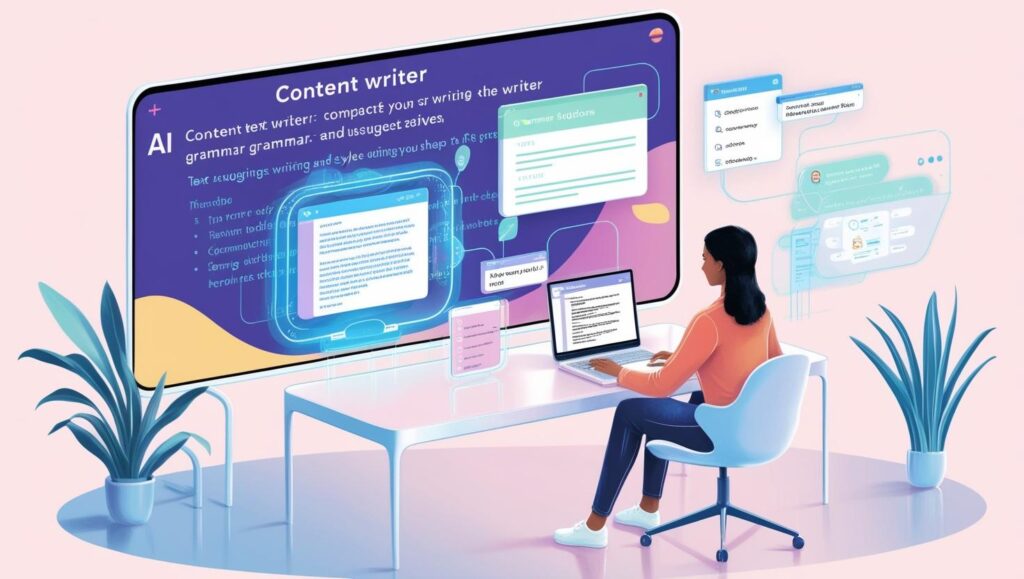 A futuristic workspace where a content writer uses AI tools in content writing and editing