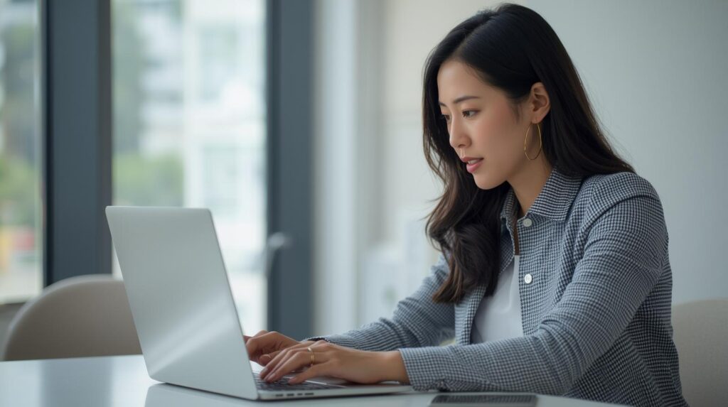 A focused Asian woman with dark hair, seated at a desk, typing diligently on a sleek silver laptop.