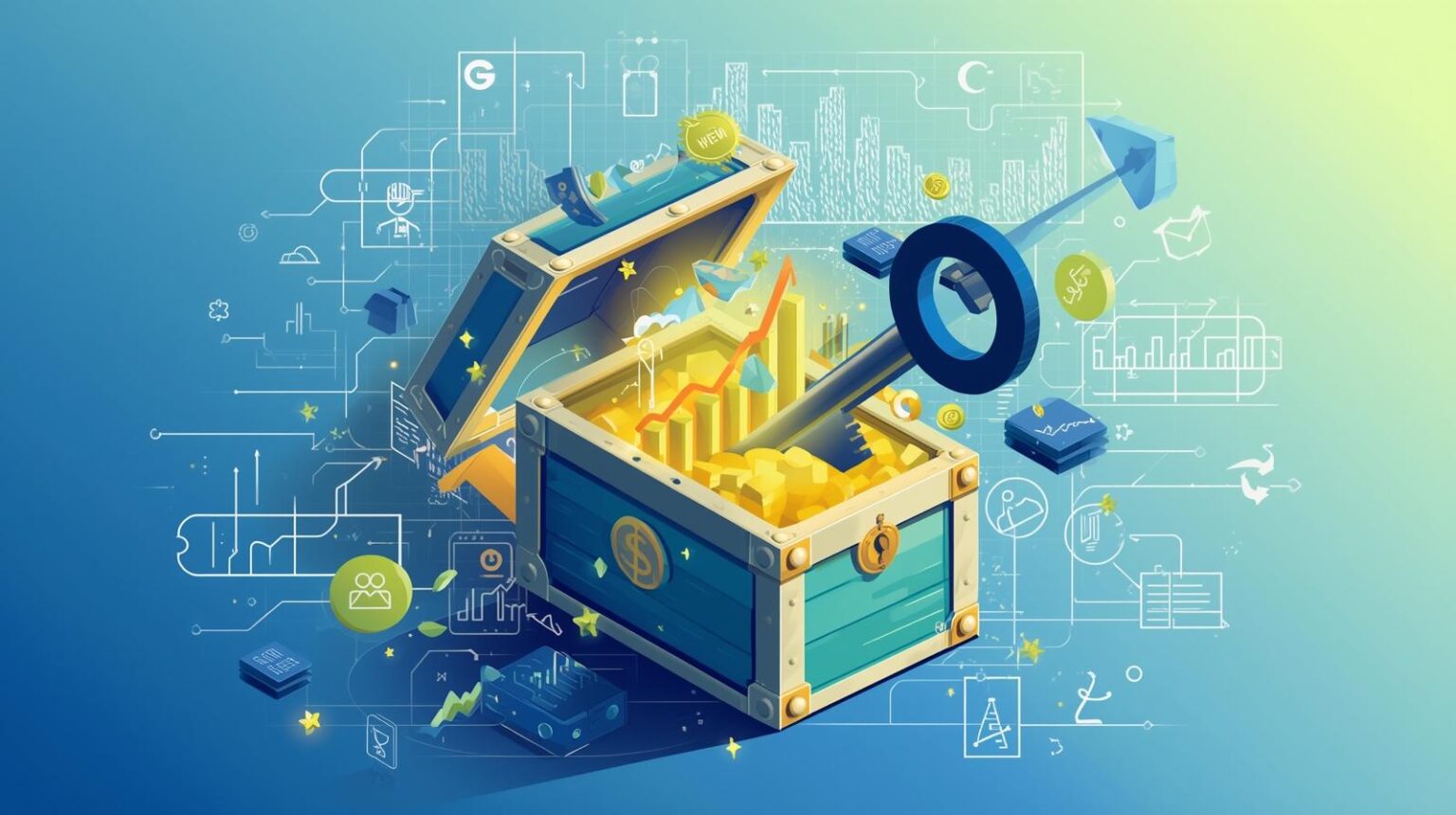 Illustration of a chest with gold items and a large key