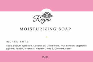 Pink and white soap label for Reyna moisturizing soap