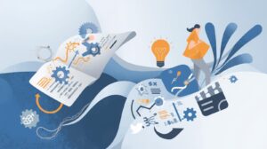 Illustration of a notebook with a woman and lightbulv and other abstract shapes