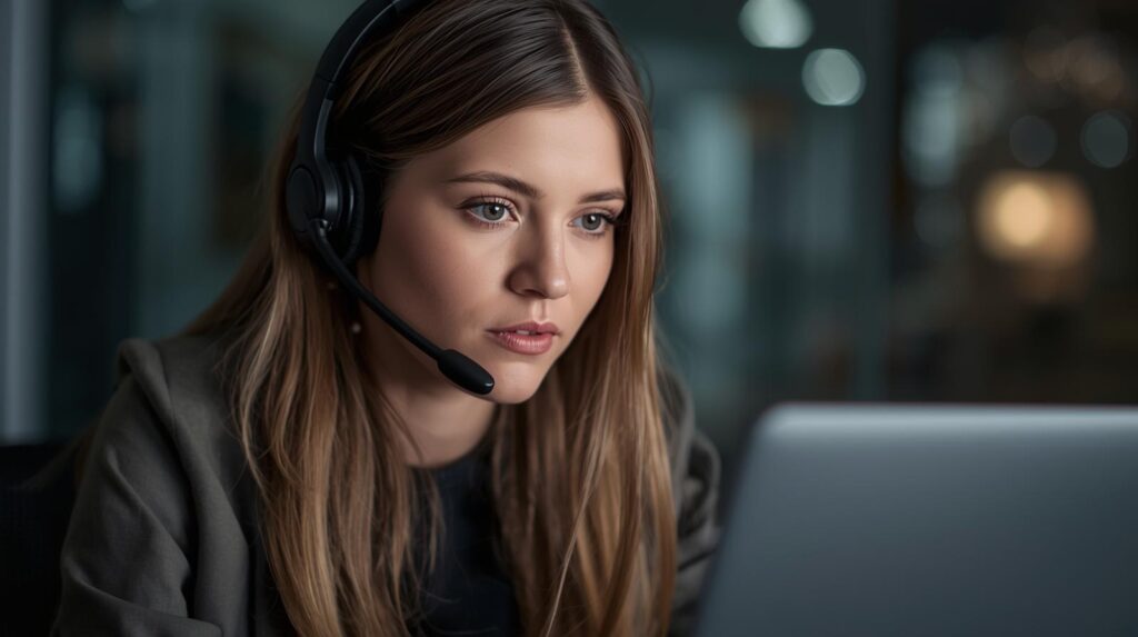 A focused woman wearing a headset