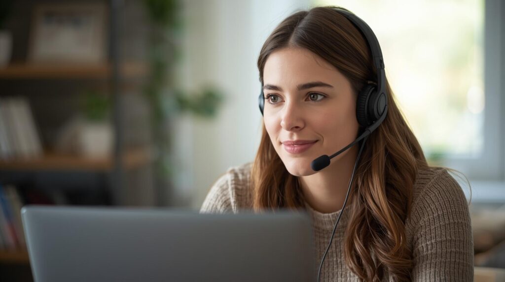 Caucasian woman in front of a laptop and wearing a headset
